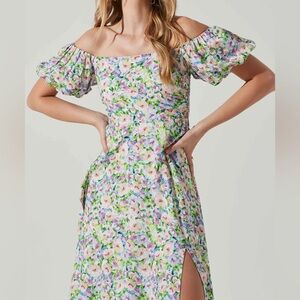 ASTR the Label Off the Shoulder A-Line Floral Midi Dress Puff Sleeve Sz XL